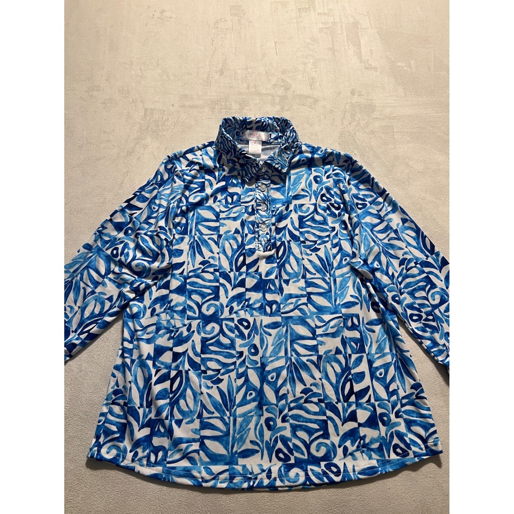 Stella Parker Collection Blue White Abstract Print Polo Shirt Womens Size Large - Picture 6 of 10